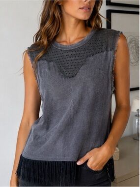 Jazmin Chebar Sleeveless Washed Gray Eyelet Yoke Fringe Tank Top